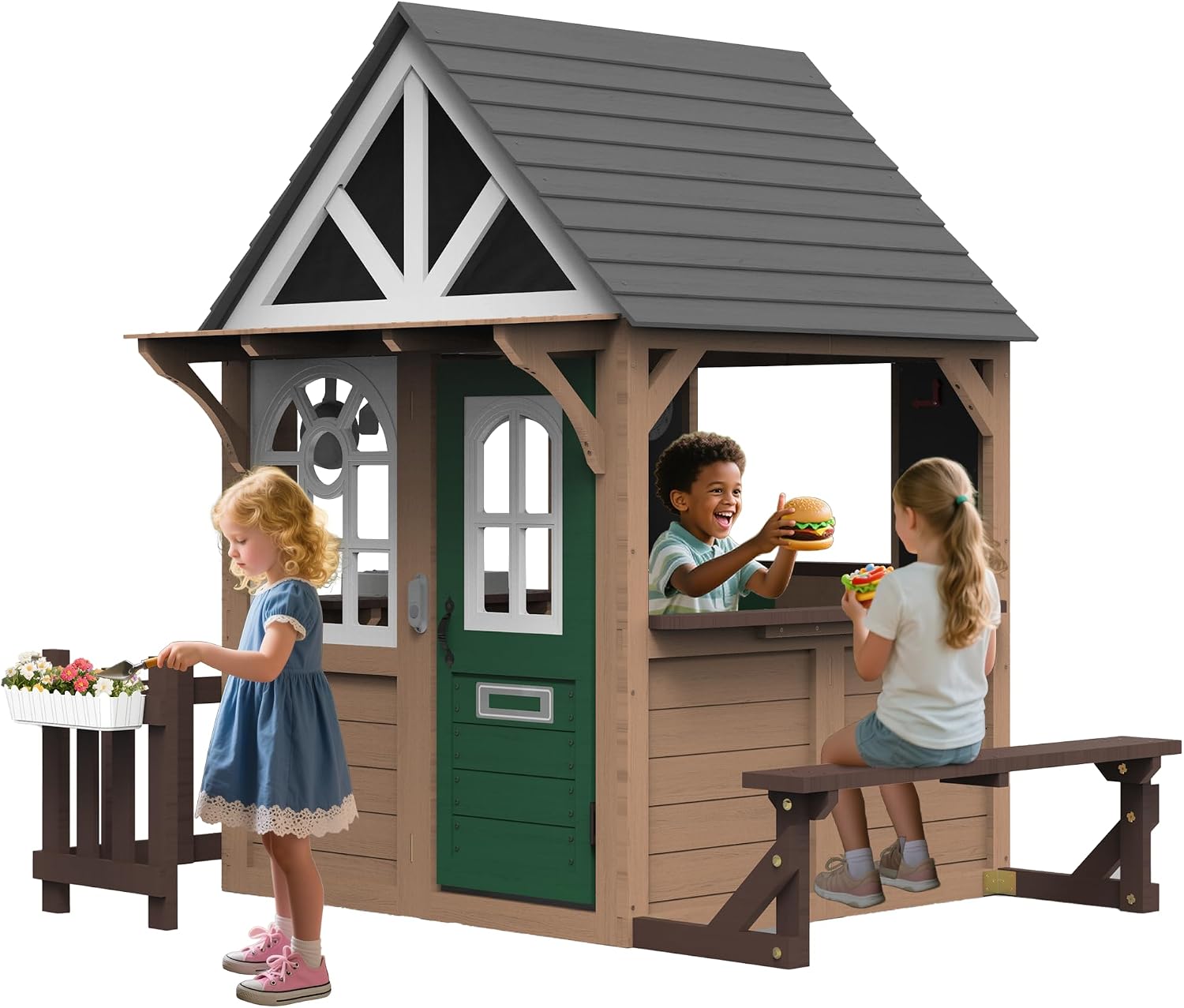 Kids Outdoor Kitchen - セジーン屋外用子供用プレイハウス、モミ材製キッズプレイハウス、屋外/屋内兼用コテージ、幼児用プレイハウス（キッチン付き、ダッチドア）