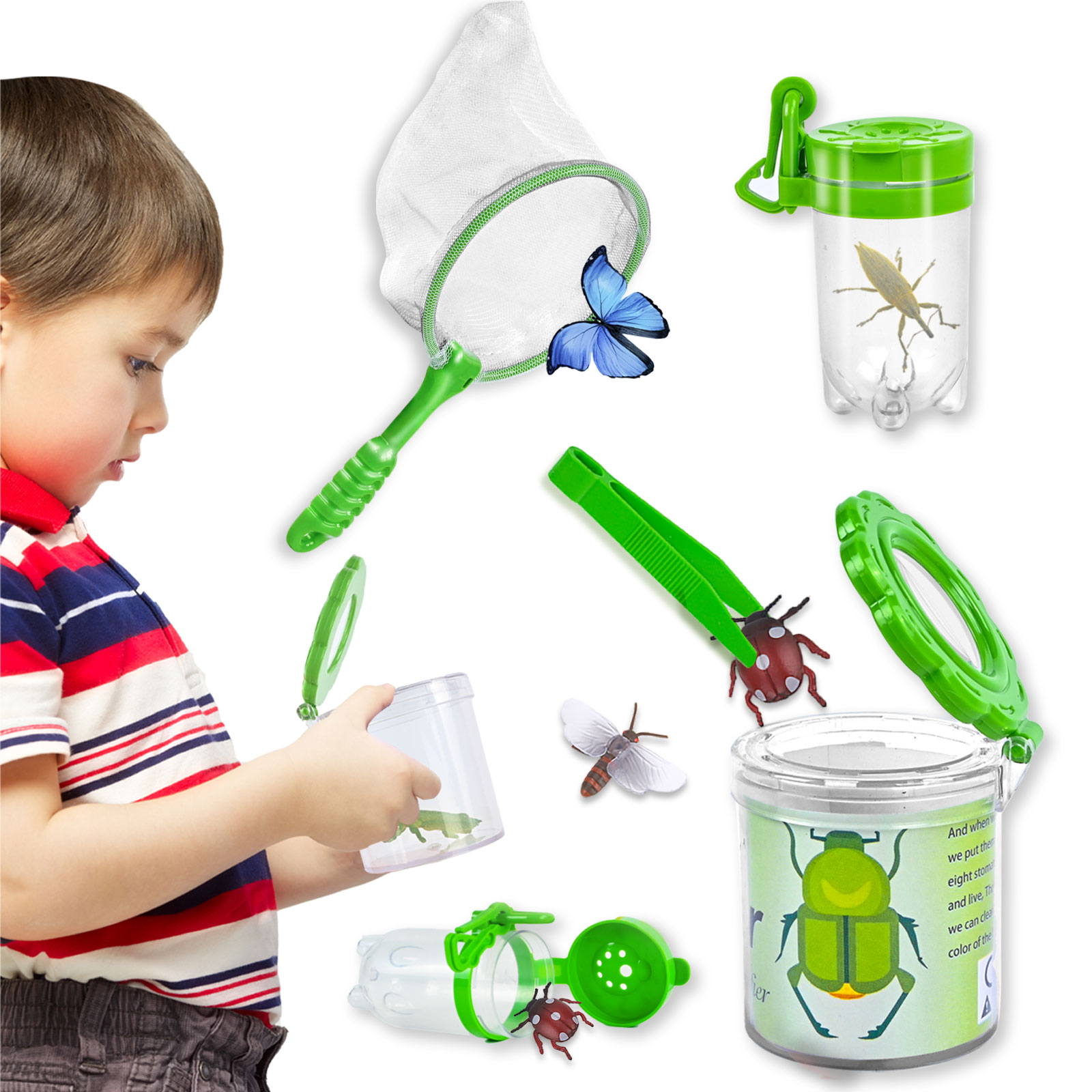 Kids Outdoor Adventure Kit - 子供用昆虫観察ボックス、科学少年の屋外探検ツール、フリップカバー捕獲ネットクリップ、観察瓶おもちゃ