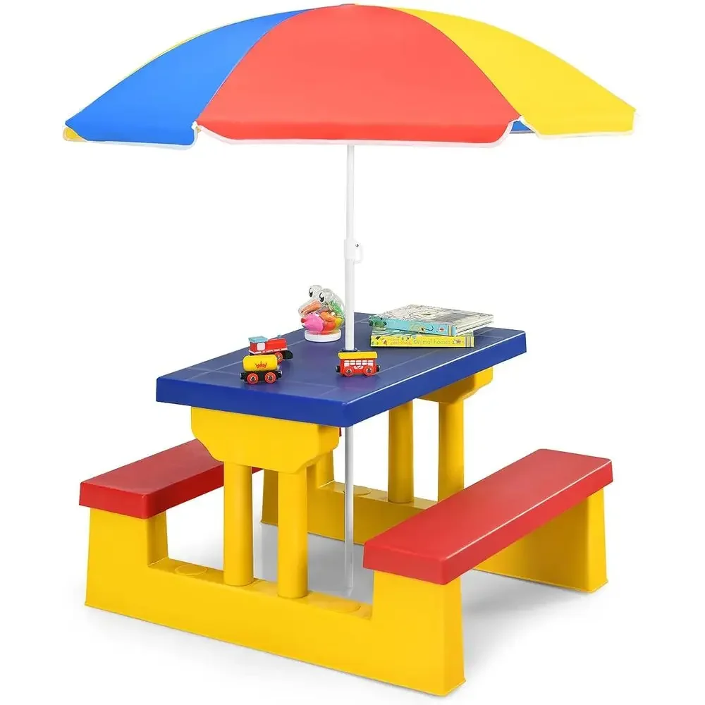 Kids Outdoor Bench With Umbrella - 多色の屋外用子供ピクニックテーブルセット、取り外し可能な傘付き、裏庭、庭、保育園用プラスチックベンチ
