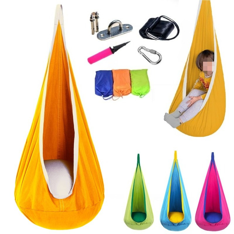 Kids Yellow Outdoor Chair - 1Pc キッズポッドスイングシートコットンチャイルドハンモックスイングチェアブルー/イエロー/ピンク/グリーン感覚スイング屋内および屋外用