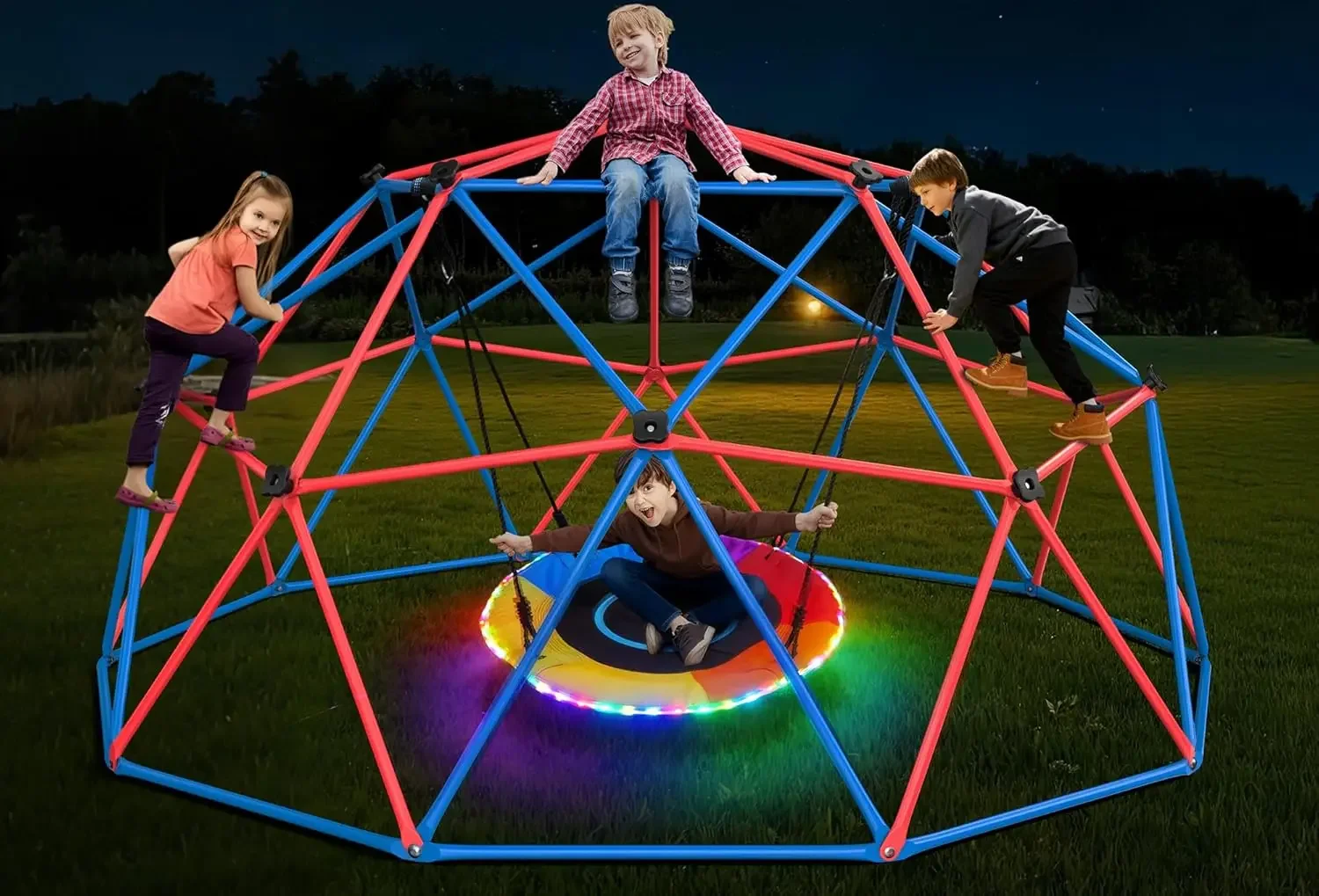 Kids Outdoor Jungle Gym - ハプファン クライミングドームスイングセット、LEDソーサースイング付き、子供用ジャングルジム、屋外裏庭用、耐荷重800ポンド、組み立て簡単、ロシア製