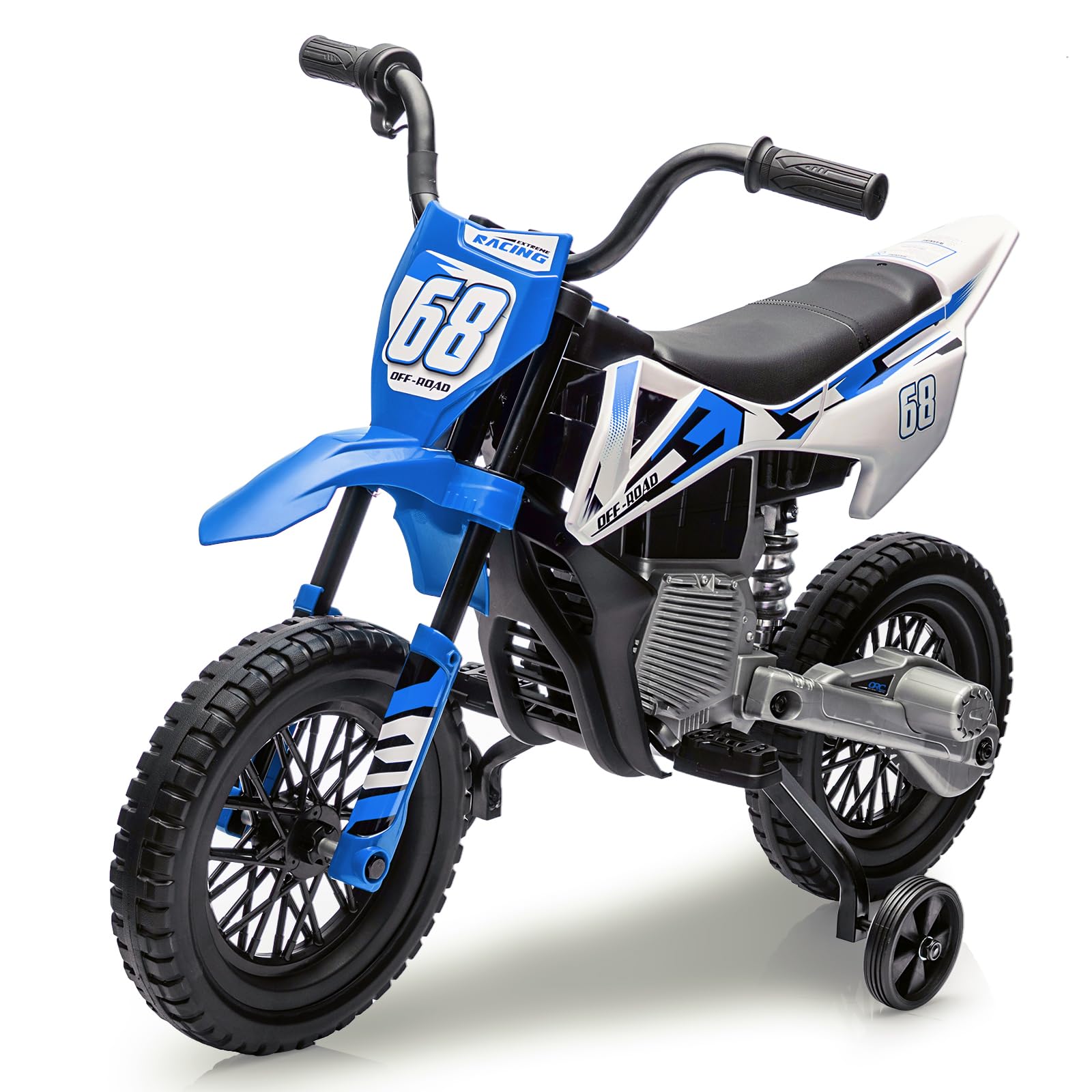 Kids Outdoor Dirt Toys - 12Vキッズ電動ダートバイク - 補助輪付き乗用玩具、ツイストグリップスロットル、デュアル25Wモーター、スプリングサスペンション、ワイヤレスミュージック搭載、3歳以上の男の子と女の子向けの安全な屋外用電動バイク（ピンク/ブルー/レッド）