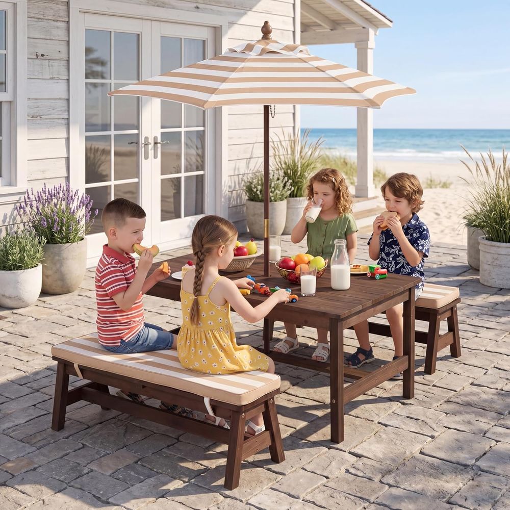 Kids Outdoor Bench With Umbrella - キッズピクニックテーブル、大型42インチx23インチテーブルトップ、IRウッド幼児用屋外テーブル＆ベンチセット、取り外し可能なクッションと傘付き、子供用