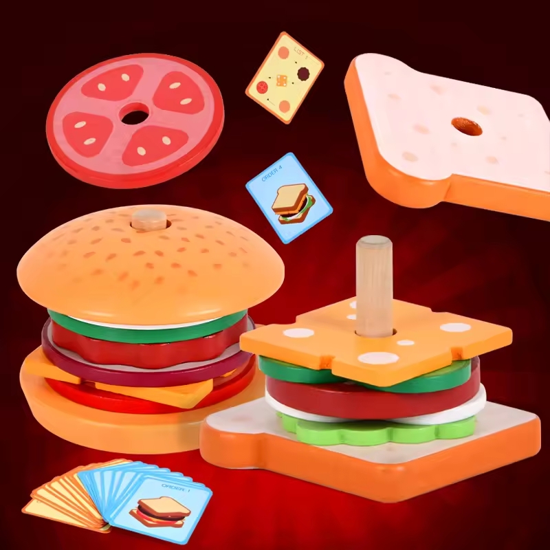 Kids Outdoor Kitchen - 子供ごっこ遊びキッチン木のおもちゃハンバーガーサンドイッチシミュレーション食品マッチングゲームモンテッソーリ教育スタッキングおもちゃ
