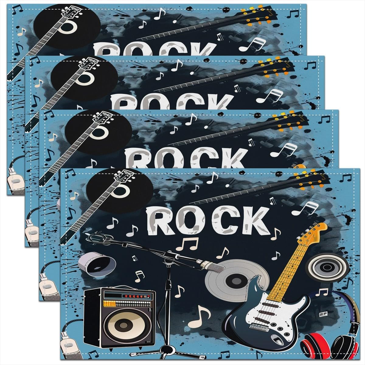 Kids Outdoor Kitchen - ロック音楽プレースマット 4枚セット 18インチ×12インチ ギター音楽プレースマット キッチン ダイニングテーブル装飾