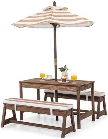 Kids Outdoor Bench With Umbrella - 子供用ピクニックテーブル、屋外木製テーブル＆ベンチセット（取り外し可能なクッションと傘付き）、ストライプ柄生地、子供用裏庭用