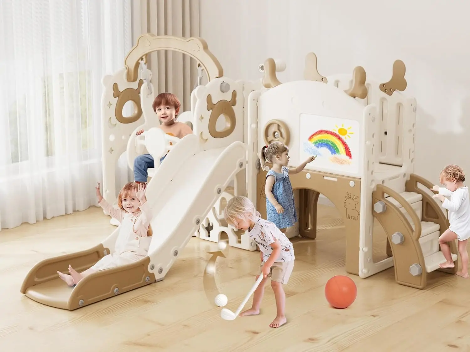 Kids Outdoor Swing Set - 13-in-1幼児用スライド＆スイングセット、1歳以上のお子様向けキッズスライド、ゴルフセットとバスケットボール付きの新改良版幼児用屋外プレイセット