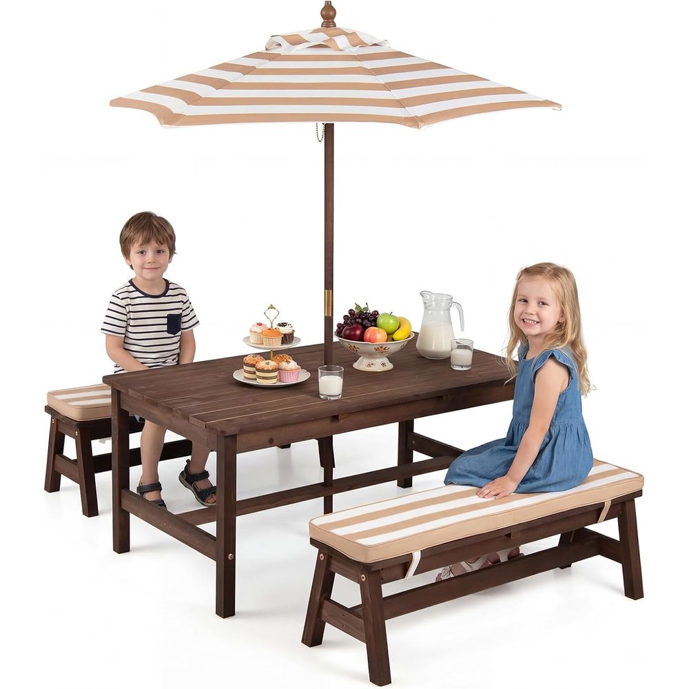 Kids Outdoor Bench With Umbrella - キッズピクニックテーブル、IRウッド幼児用屋外テーブル＆ベンチセット、取り外し可能な傘とクッション付き、ストライプ柄、子供用屋外家具