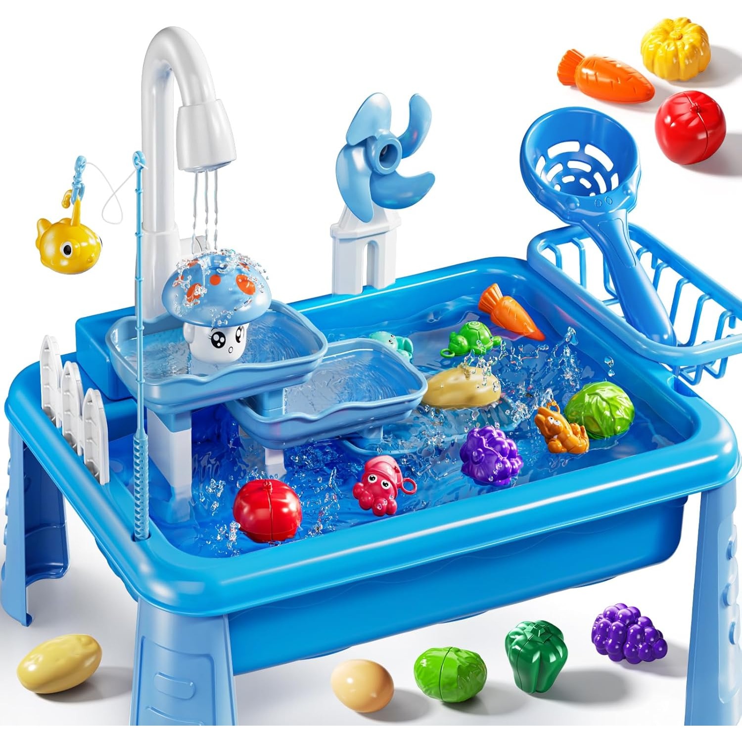 Kids Outdoor Kitchen - 子供用ウォーターテーブル遊び場シンクおもちゃ、流水付き屋外キッチン、釣りゲーム、幼児用水遊びテーブル、ビーチ屋外おもちゃ