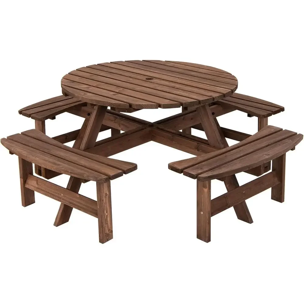 Kids Outdoor Bench With Umbrella - 木製ピクニックテーブルセット（木製ベンチ付き）、大人4人または子供8人用、傘立て付きの屋外用丸テーブル、屋外ガーデンに最適