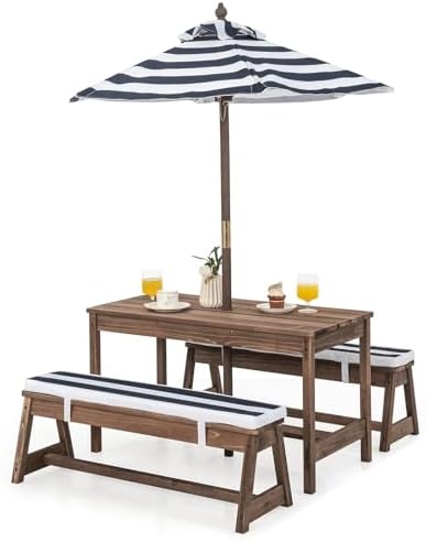 Kids Outdoor Bench With Umbrella - 子供用ピクニックテーブル、屋外木製テーブル＆ベンチセット（取り外し可能なクッションと傘付き）、ストライプ柄生地、子供用裏庭用
