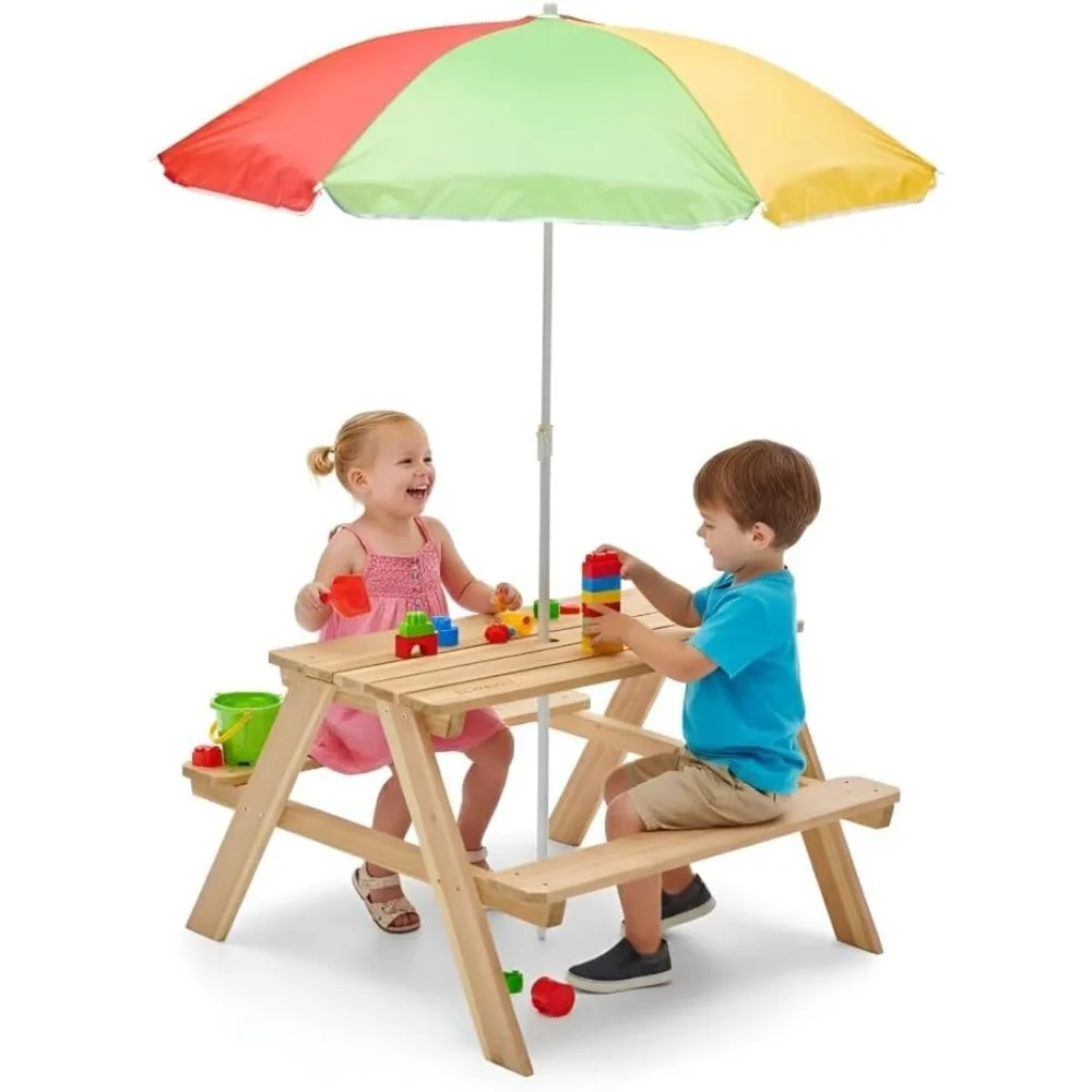 Kids Outdoor Bench With Umbrella - 木製キッズピクニックテーブル 屋外幼児用アクティビティセット 傘付きベンチ付き 裏庭家具