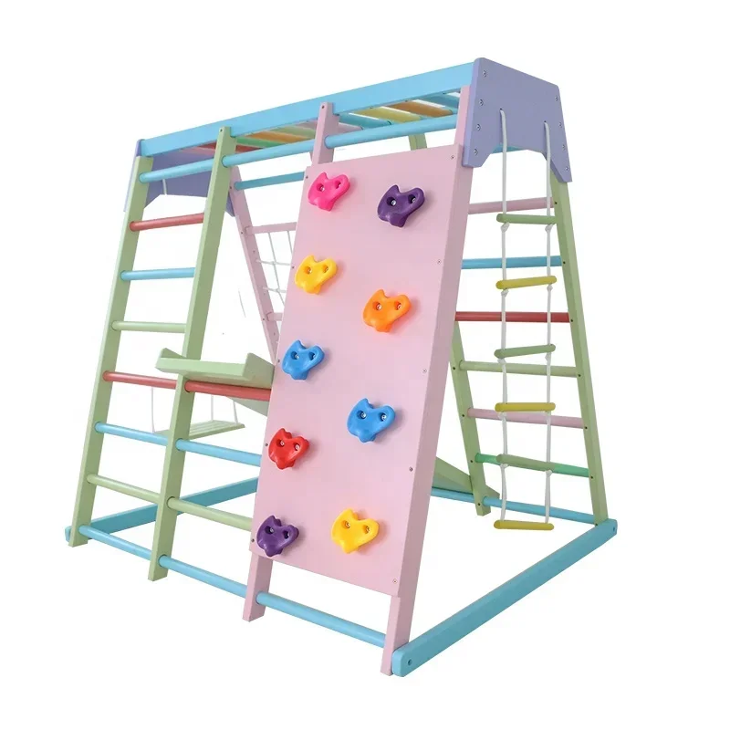Kids Outdoor Jungle Gym - 子供用木製クライミングフレーム屋内セット、ブランコ、滑り台、ジャングルジム付き、家庭用および学校用屋外遊具