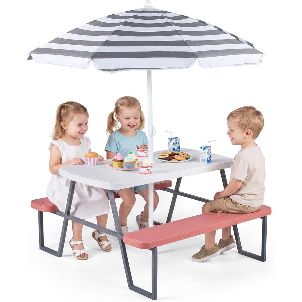 Kids Outdoor Bench With Umbrella - 子供用ピクニックテーブル、幼児用屋外テーブル＆ベンチセット（取り外し可能な傘付き）、HDPEテーブルトップ、金属製、子供用屋外家具またはP