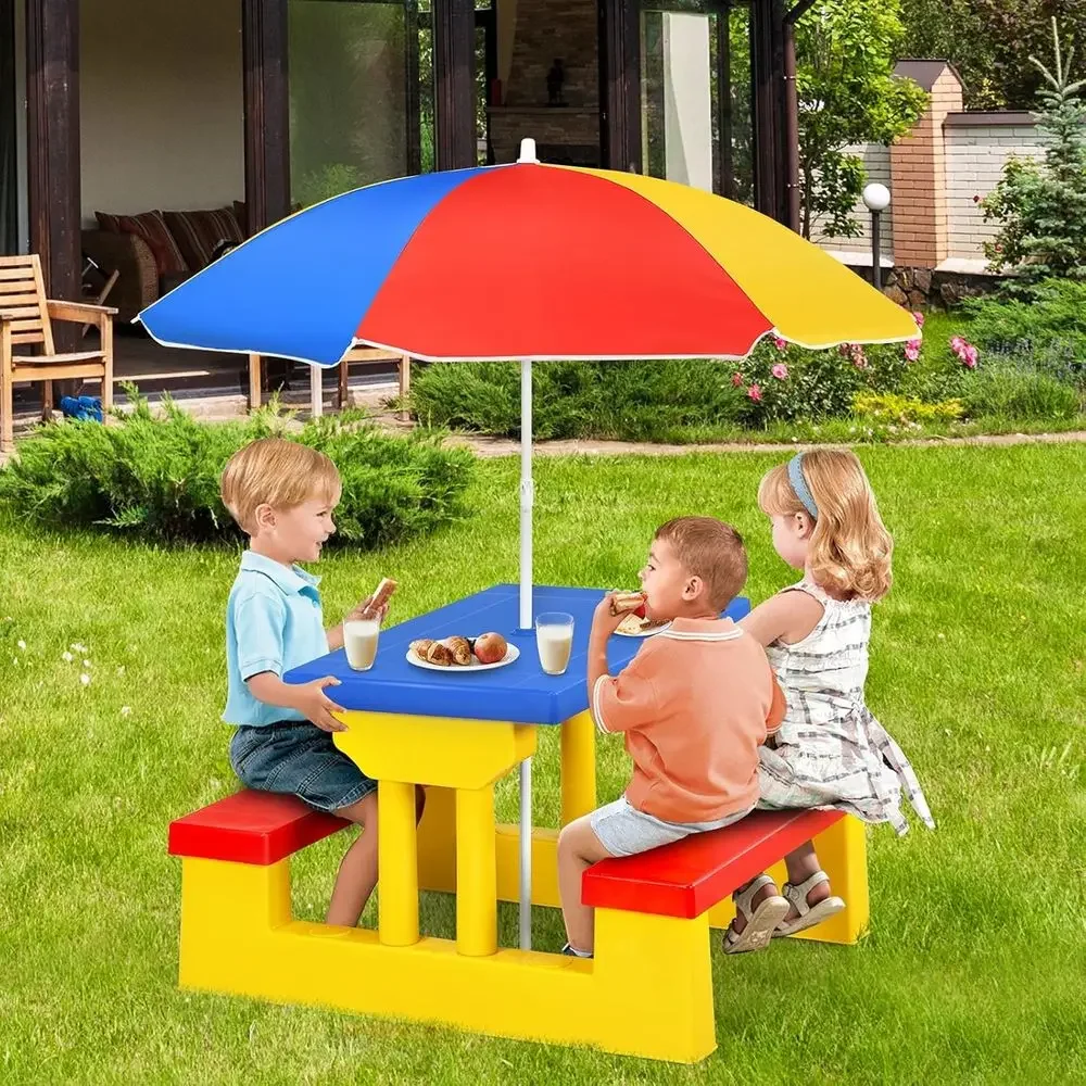 多色の屋外用子供ピクニックテーブルセット、取り外し可能な傘付 - Kids Outdoor Bench With Umbrella のレビューと価格