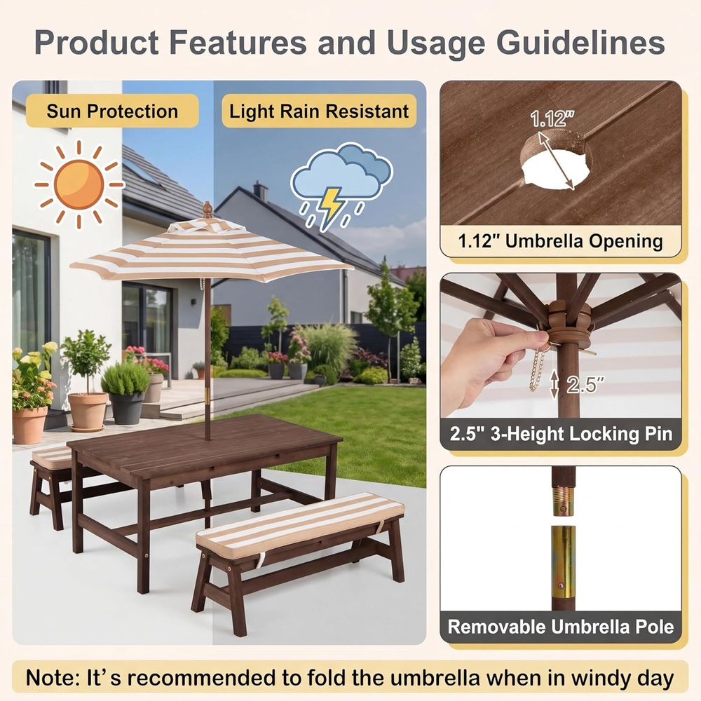 キッズピクニックテーブル、大型42インチx23インチテーブル - Kids Outdoor Bench With Umbrella のレビューと価格