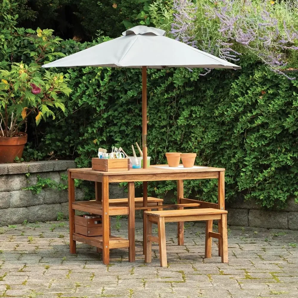 子供用屋外クレートテーブル、ベンチ＆傘セット：アカシア材製ア - Kids Outdoor Bench With Umbrella のレビューと価格