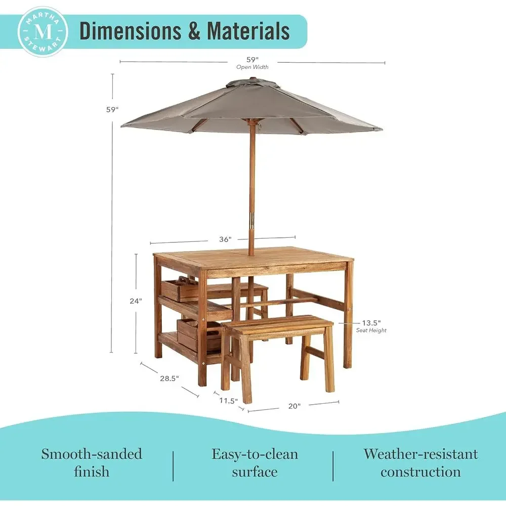 子供用屋外クレートテーブル、ベンチ＆傘セット：アカシア材製ア - Kids Outdoor Bench With Umbrella のレビューと価格