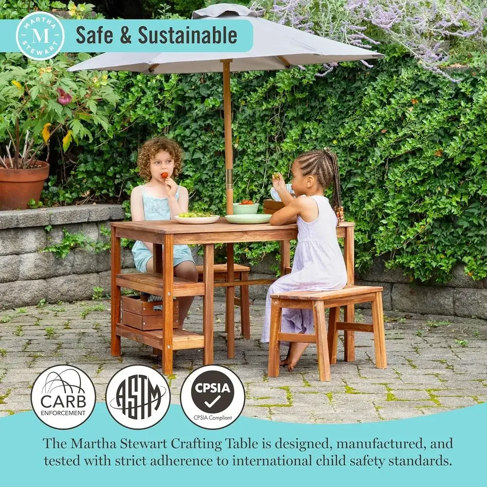 子供用屋外クレートテーブル、ベンチ＆傘セット：アカシア材製ア - Kids Outdoor Bench With Umbrella のレビューと価格