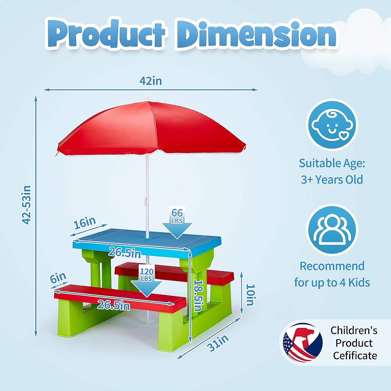 JOYMOR キッズピクニックテーブル（傘付き）、プラスチッ - Kids Outdoor Bench With Umbrella のレビューと価格