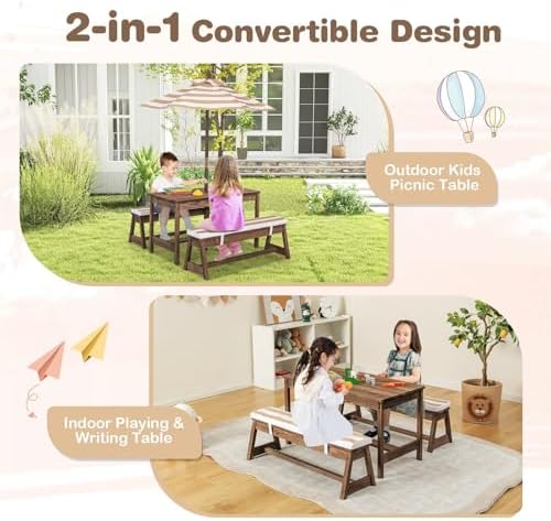 子供用ピクニックテーブル、屋外木製テーブル＆ベンチセット（取 - Kids Outdoor Bench With Umbrella のレビューと価格
