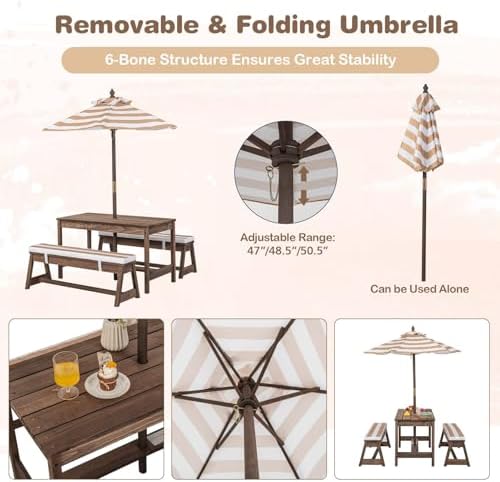 子供用ピクニックテーブル、屋外木製テーブル＆ベンチセット（取 - Kids Outdoor Bench With Umbrella のレビューと価格