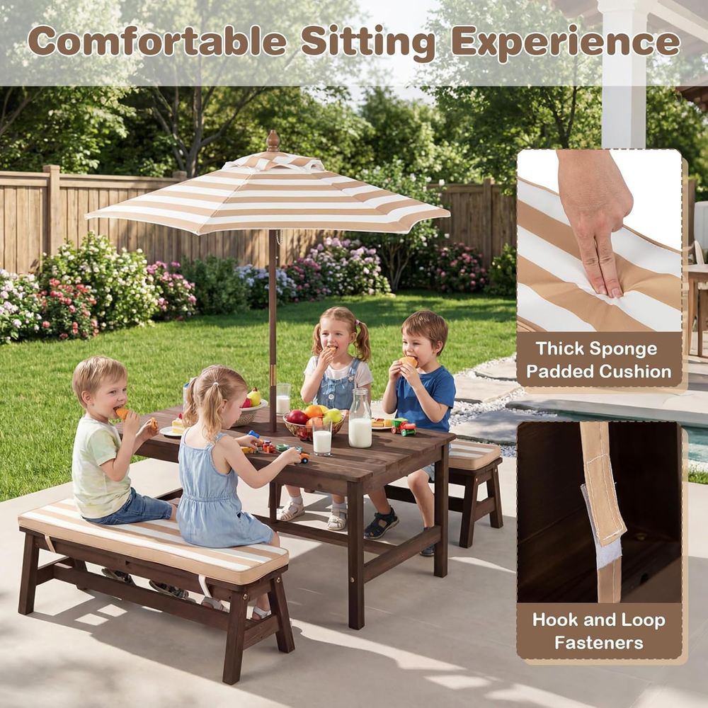 キッズピクニックテーブル、IRウッド幼児用屋外テーブル＆ベン - Kids Outdoor Bench With Umbrella のレビューと価格