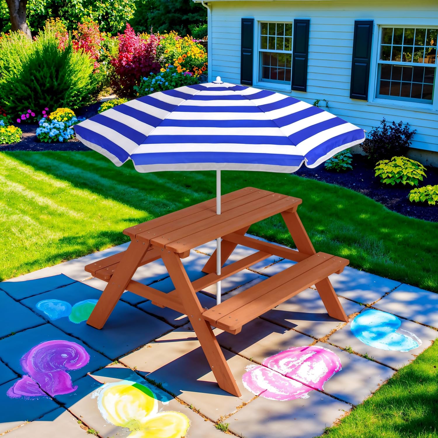 木製キッズピクニックテーブル（傘付き）、屋外アクティビティテ - Kids Outdoor Bench With Umbrella のレビューと価格