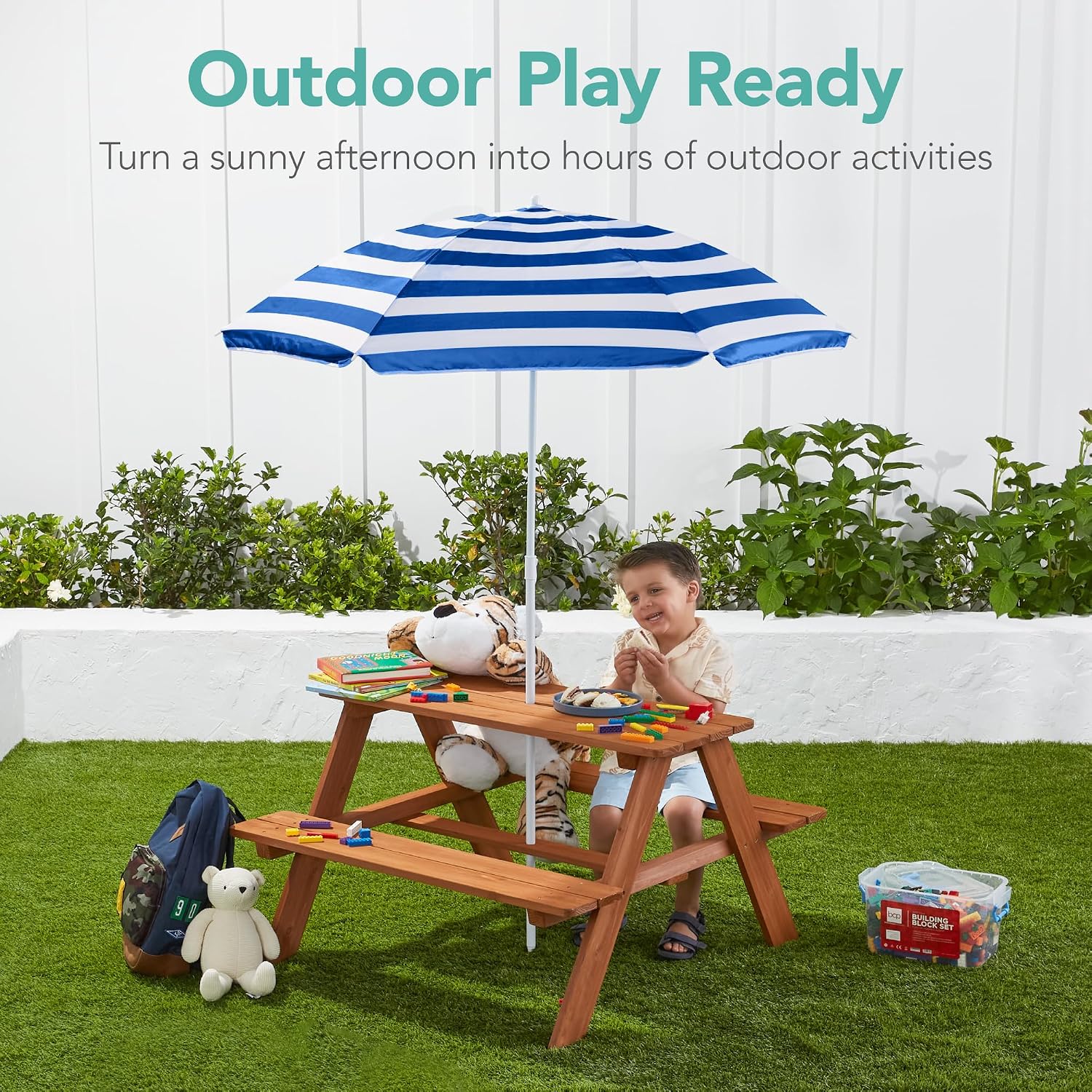 木製キッズピクニックテーブル（傘付き）、屋外アクティビティテ - Kids Outdoor Bench With Umbrella のレビューと価格
